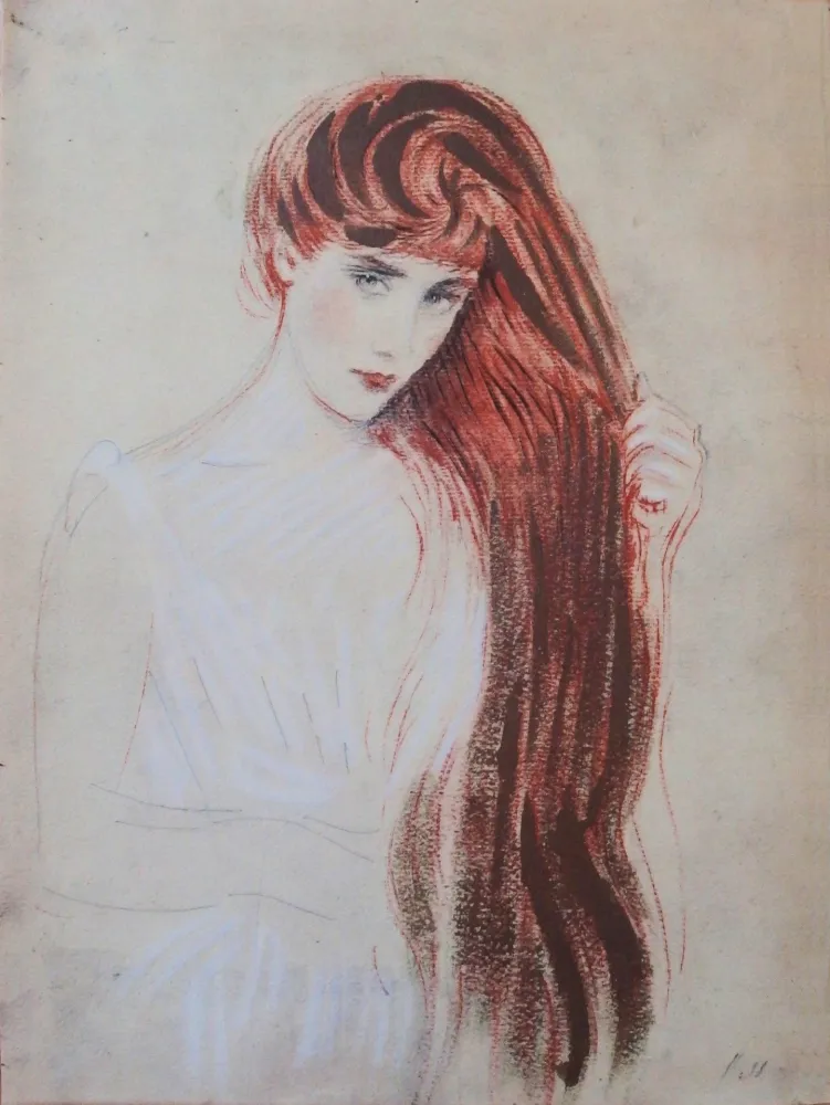 Litografia Helleu - Femme rousse (la chevelure dorée)