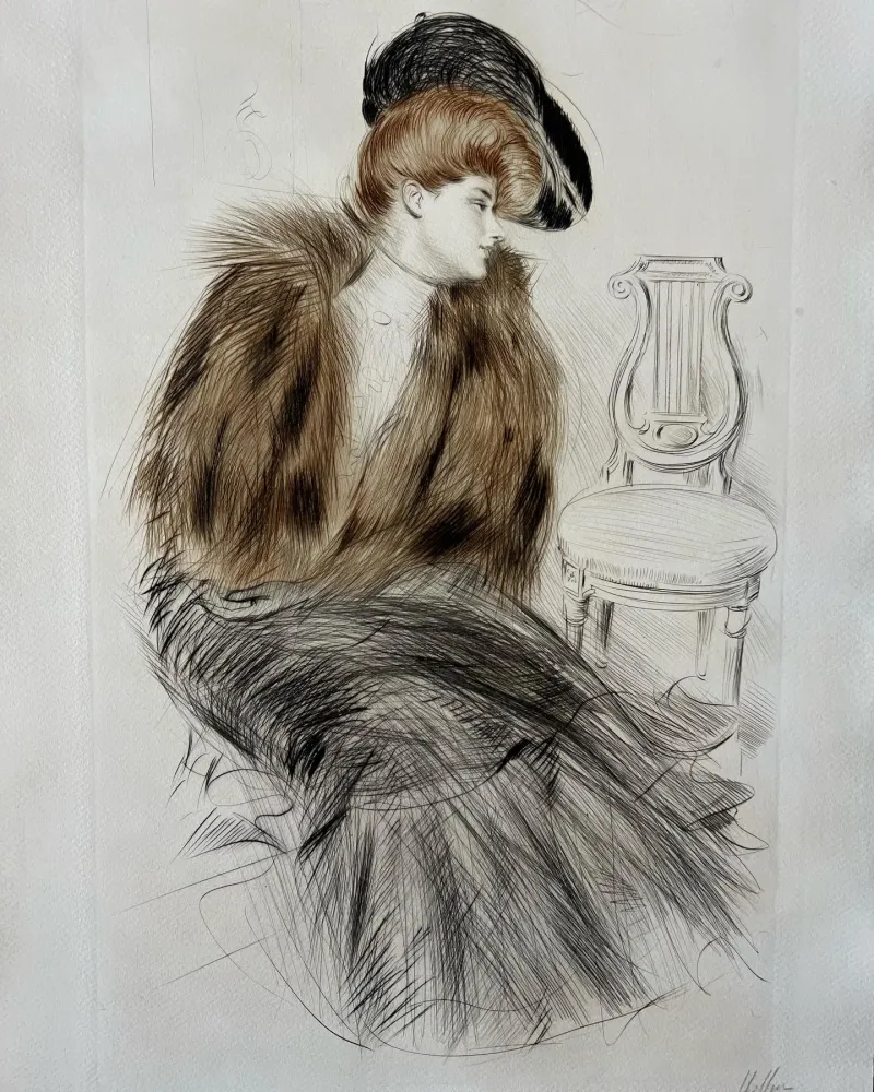 Água-Forte Helleu - Jeune Femme au Manteau de Fourrure (