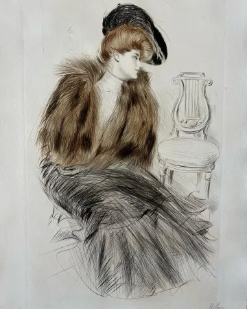 Água-Forte Helleu - Jeune Femme au Manteau de Fourrure (