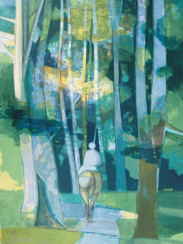 Litografia Hilaire - Cavalier entrant dans la forêt