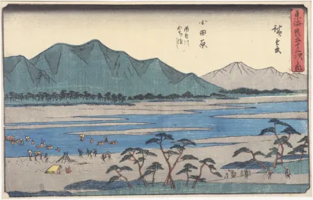 Xilogravura Hiroshige - Odawara : le traversée de la rivière Sakawa