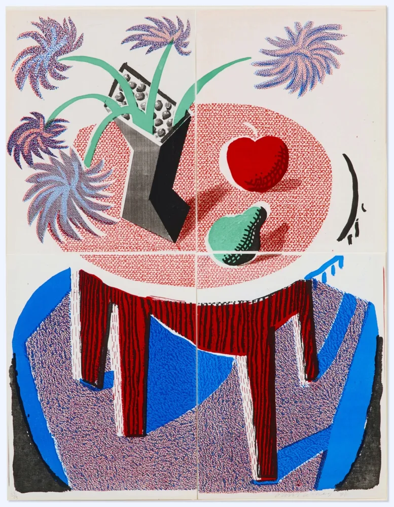 Sem Técnica Hockney -  Flowers, Apple and Pear on a Table