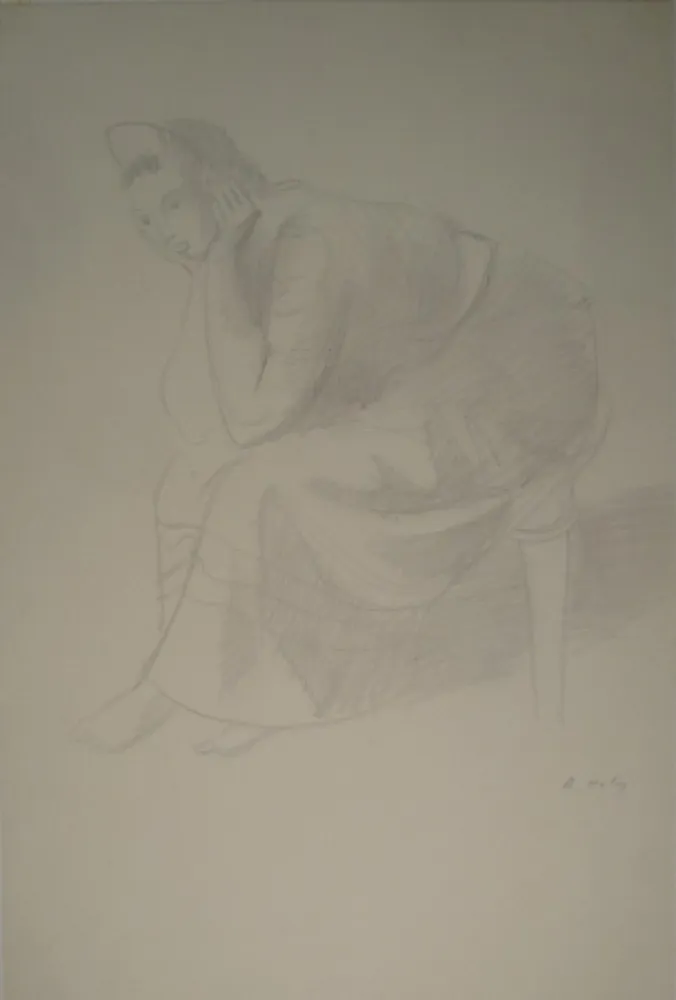 Monotipia Holy - Sitzende junge Frau, den Kopf auf die Unterarme mit den Händen gestützt.