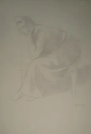 Monotipia Holy - Sitzende junge Frau, den Kopf auf die Unterarme mit den Händen gestützt.