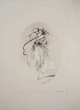 Gravura Icart - Jeune femme au chapeau paré de roses