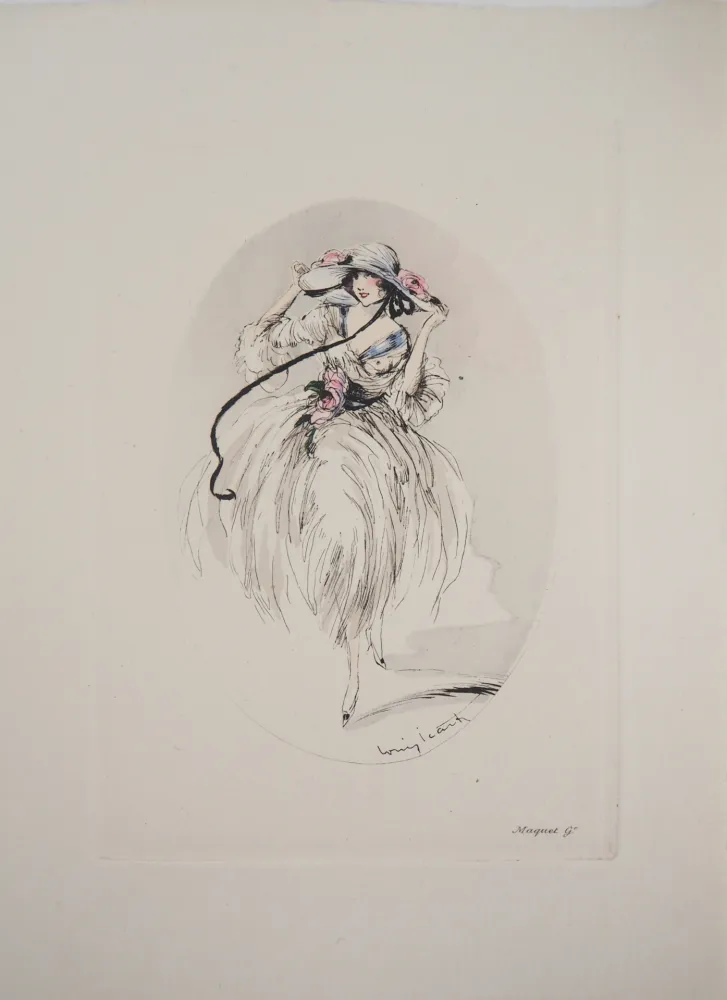 Gravura Icart - Jeune femme au chapeau paré de roses