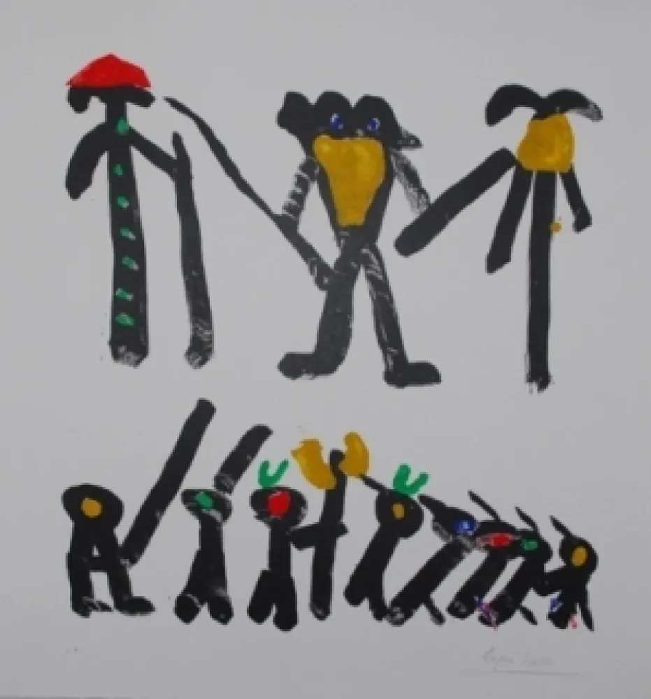 Litografia Ionesco - L'homme avec deux femmes et leurs enfants