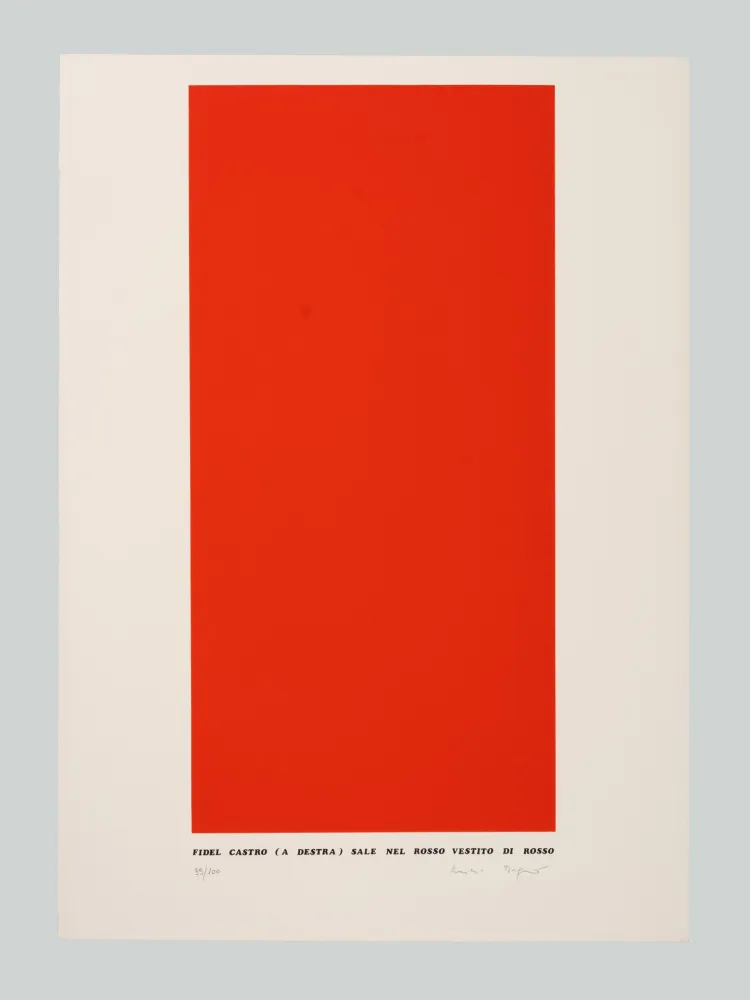 Serigrafia Isgrò - Fidel Castro (a destra) sale nel rosso vestito di rosso