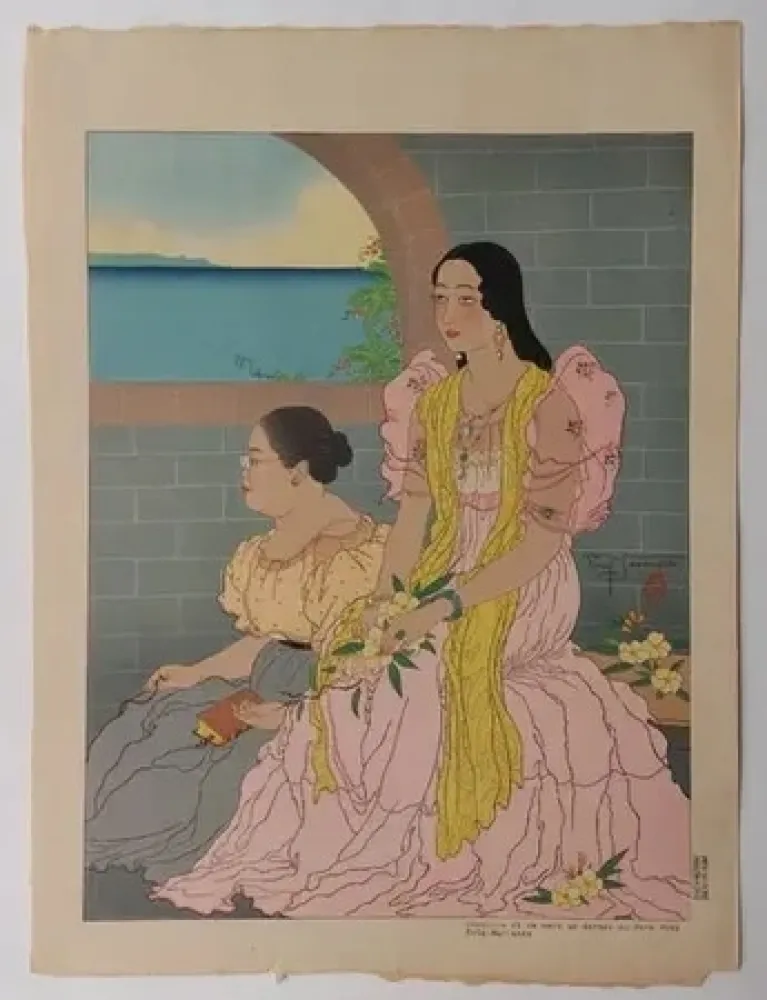 Linogravura Jacoulet - Oaquina  et sa mère  ...  (Décembre  1947)