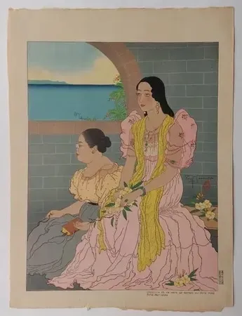 Linogravura Jacoulet - Oaquina  et sa mère  ...  (Décembre  1947)