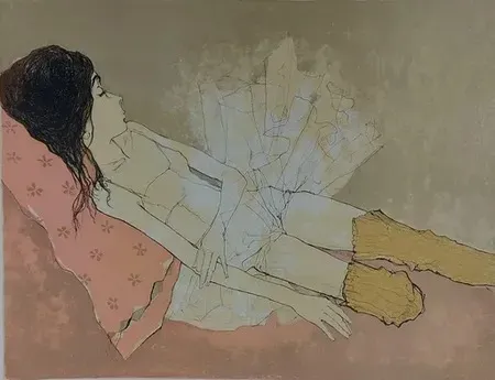 Litografia Jansem - Ophelie au coussin rose (1993)