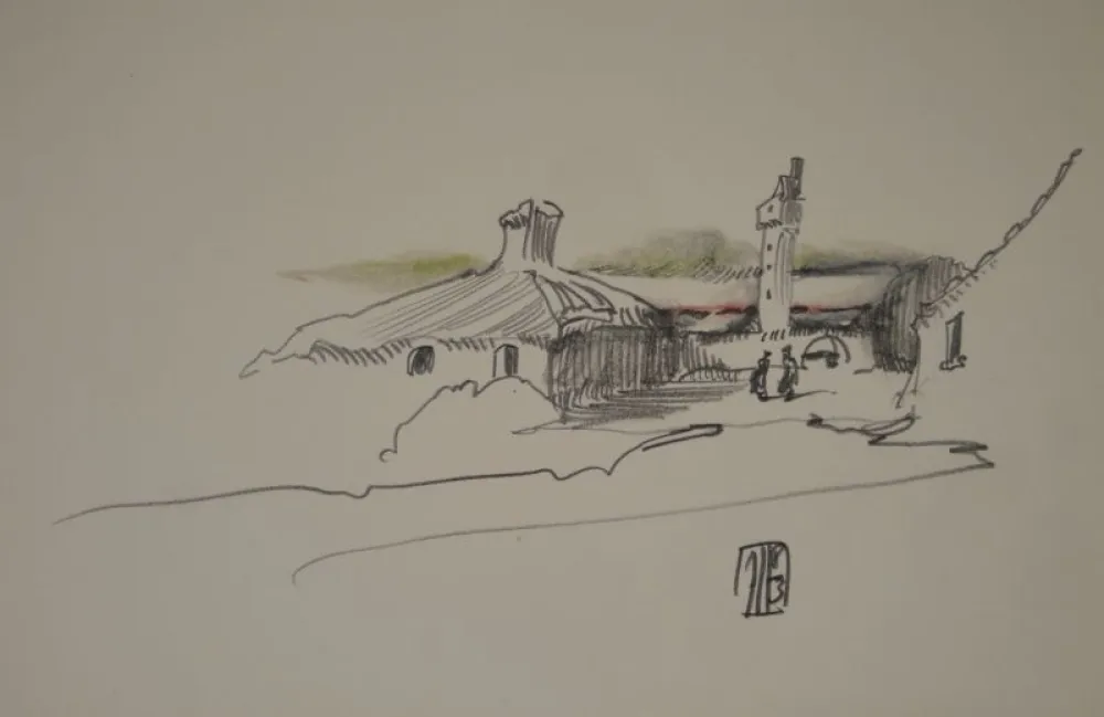 Sem Técnica Janssen - (Nordische Landschaft mit Gebäuden, Turm und zwei Personen)