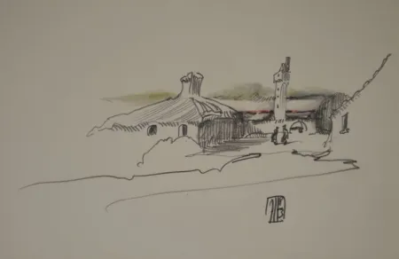 Sem Técnica Janssen - (Nordische Landschaft mit Gebäuden, Turm und zwei Personen)