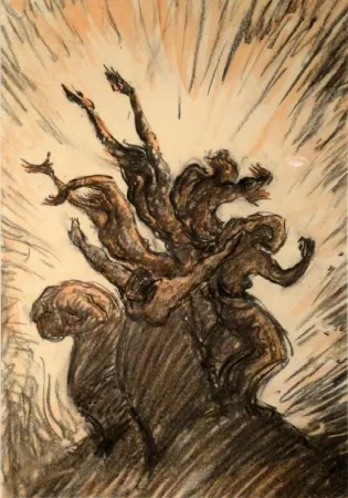 Monotipia Junghanns - Vor Lichterscheinung fliehende Menschengruppe