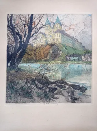 Água-Forte E Água-Tinta Kasimir - Luigi Kasimir, View from Vienna - Melk Abbey - Handcoloured Etching, 1920s