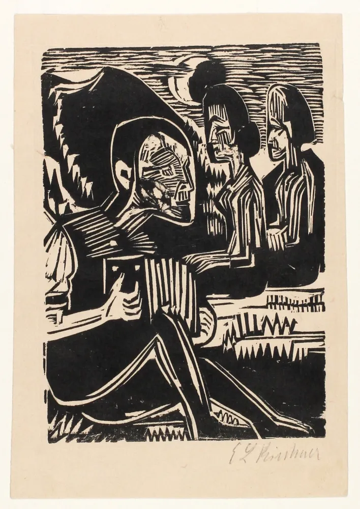 Xilogravura Kirchner - Mondnacht (Selfportrait with accordion)