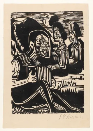 Xilogravura Kirchner - Mondnacht (Selfportrait with accordion)