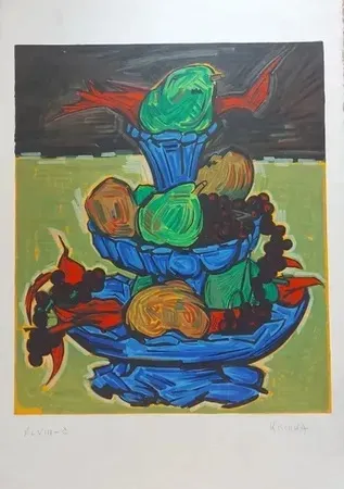 Litografia Kischka - Nature morte au compotier bleu (1972)