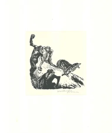 Xilogravura Klemm - Affen jagen den Wolf