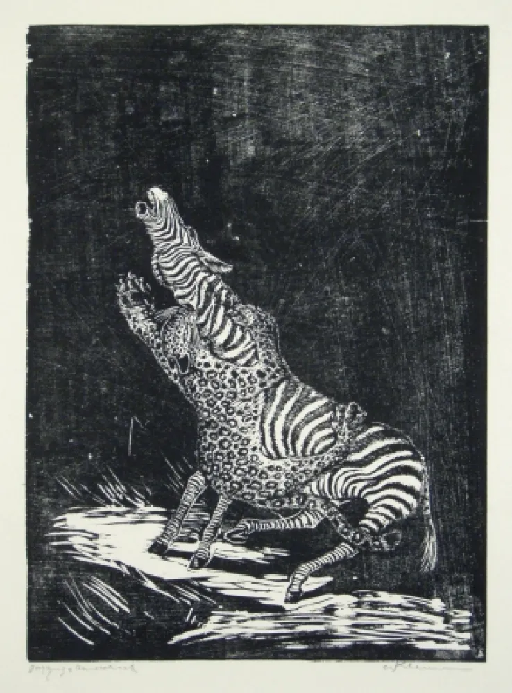 Xilogravura Klemm - Panther und Zebra 