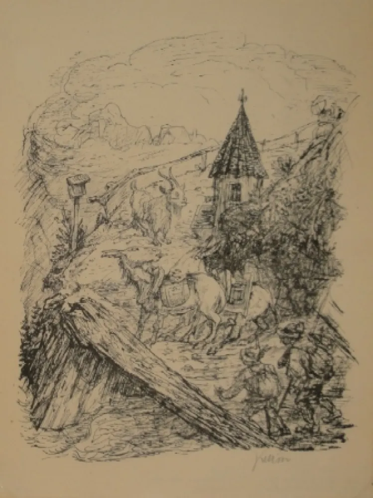 Litografia Kubin - Transport im Gebirge