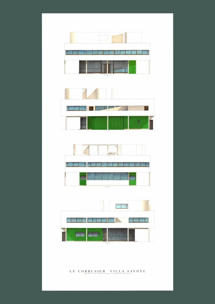 Litografia Le Corbusier - Le Corbusier: 'Villa Savoye, Four Elevations' Offset-lithograph