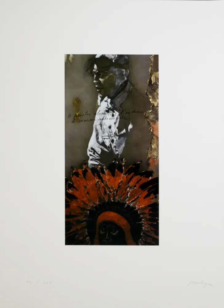 Litografia Le Gac - Le peintre absent, l'indien et le coureur automobile, 1995