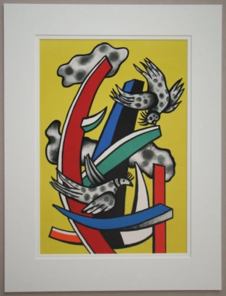 Litografia Leger - Composition aux deux oiseaux sur fond jaune, 1955