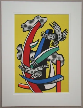 Litografia Leger - Composition aux deux oiseaux sur fond jaune, 1955
