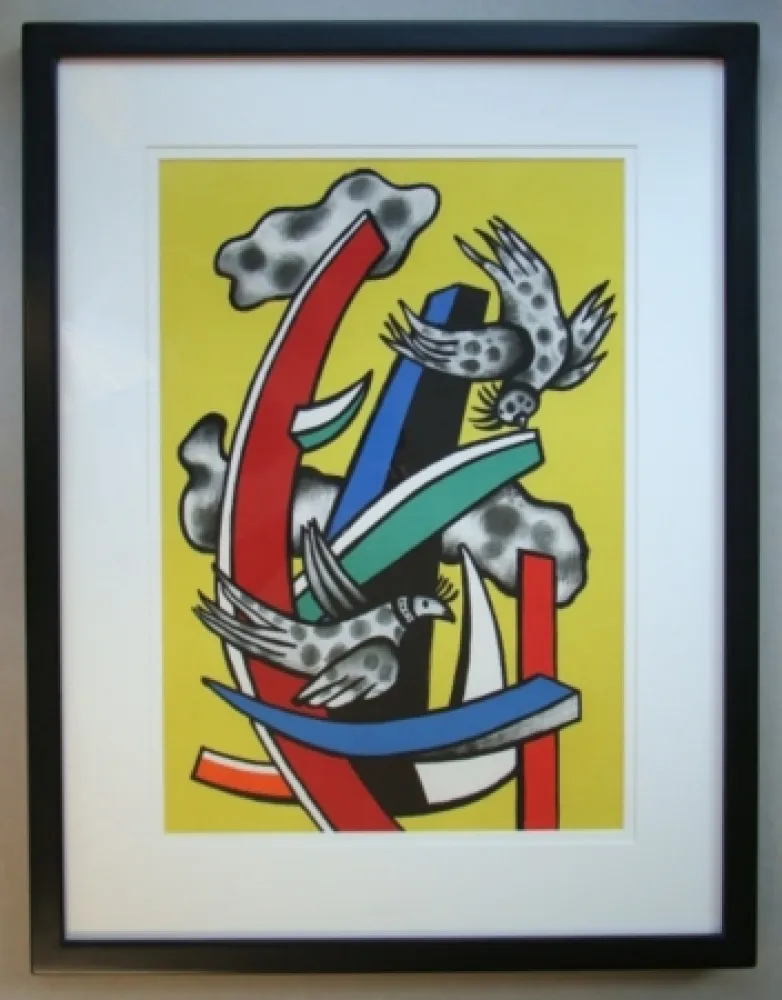 Litografia Leger - Composition aux deux oiseaux sur fond jaune, 1955