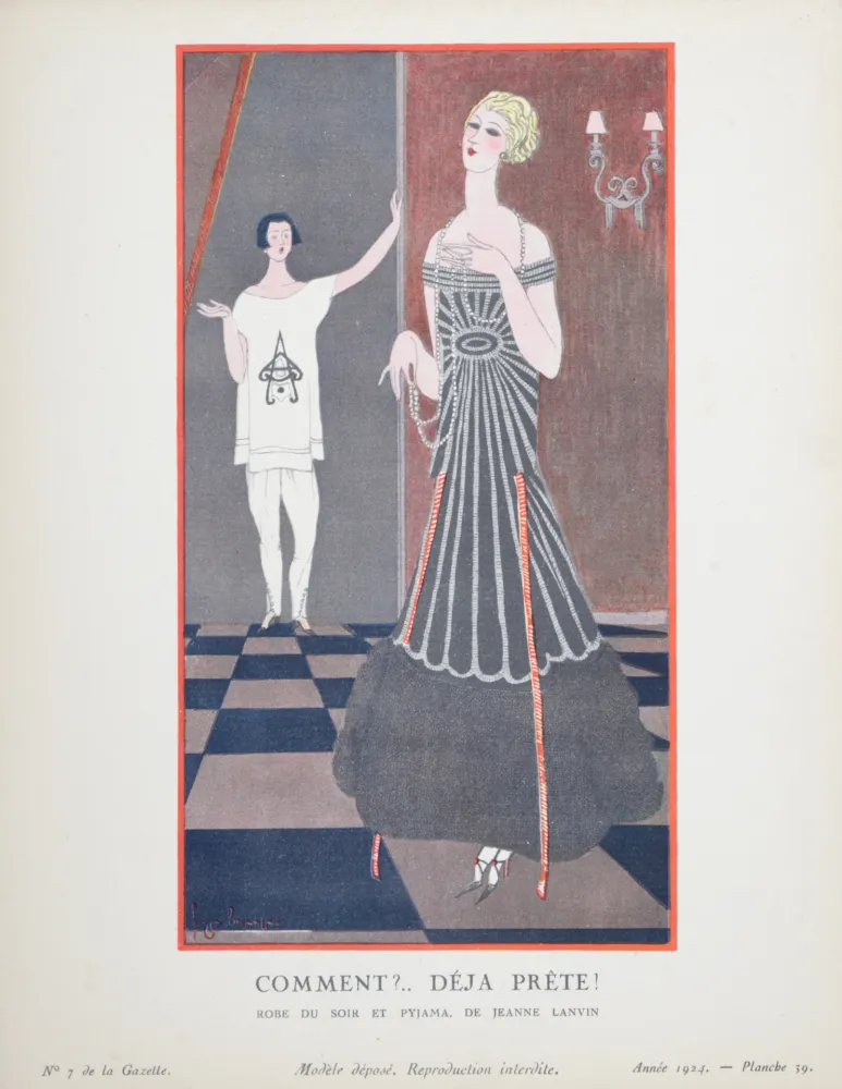 Estêncil Lepape - Comment ? Déjà prête ?, Robe du soir et pyjama de Jeanne Lanvin, 1924