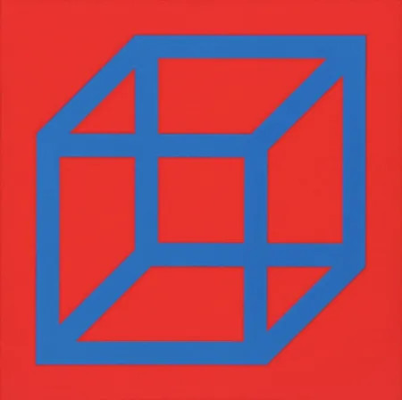 Linogravura Lewitt - Cubes in Color on Color (Red/Blue)