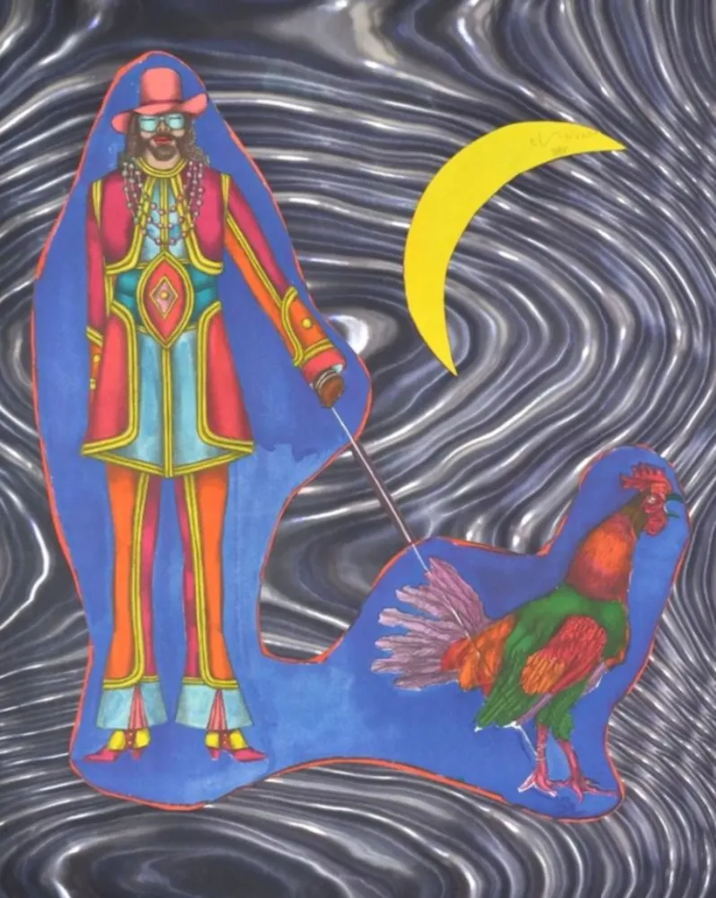 Litografia Lindner - Man Walking a Rooster