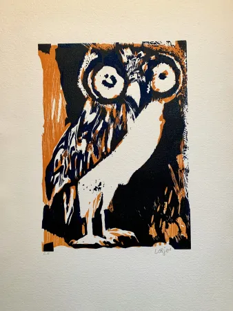 Xilogravura Lorjou - Les animaux  : Chouette orange