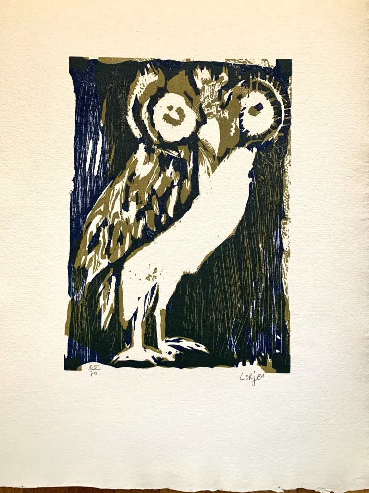 Xilogravura Lorjou -  Les animaux : Chouette verte 