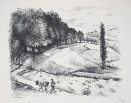 Litografia Lotiron - Homme et vache dans un paysage