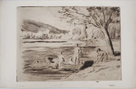 Ponta-Seca Luce - Maximilien LUCE - Baigneurs à la rivière, Bessy Vers 1890 - Gravure originale signée