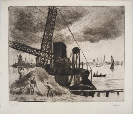 Ponta-Seca Luce - Maximilien LUCE - Grue du port de Rotterdam Vers 1890 -Gravure originale signée