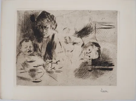 Ponta-Seca Luce - Maximilien LUCE - Maternité : le repas et le coucher de l'enfant Vers 1895 - Gravure originale signée