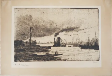 Ponta-Seca Luce - Maximilien LUCE - Rotterdam, voiliers à quai et  fumée dans le port Vers 1890 - Gravure originale signée