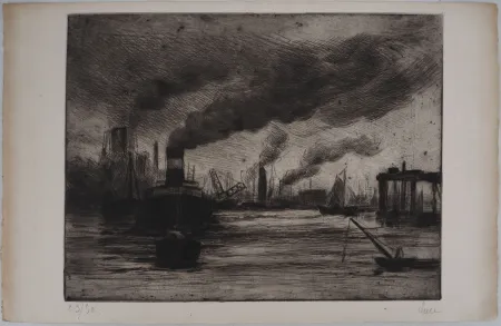 Ponta-Seca Luce - Maximilien LUCE - Vue du port de Rotterdam Vers 1890-1895 - Gravure originale signée
