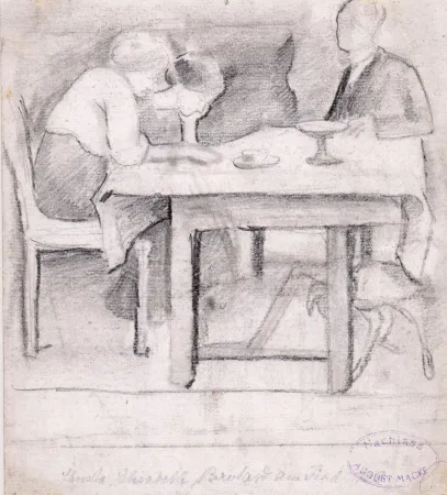 Sem Técnica Macke - Christa, Elisabeth, Bernhard am Tisch. Verso: Geburtstagstisch für Sofie Gerhardt.