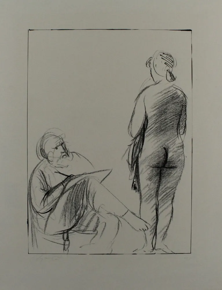 Litografia Manzu - Pittore e modella