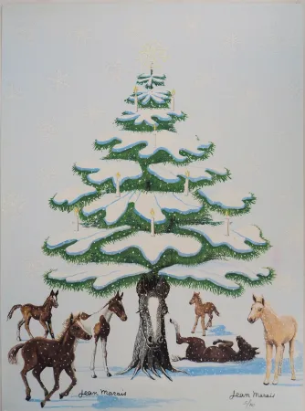 Litografia Marais  - Sapin de Noel enneigé et Chevaux