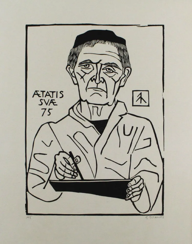 Linogravura Marcks - Selbstbildnis von vorn (Halbfigur)