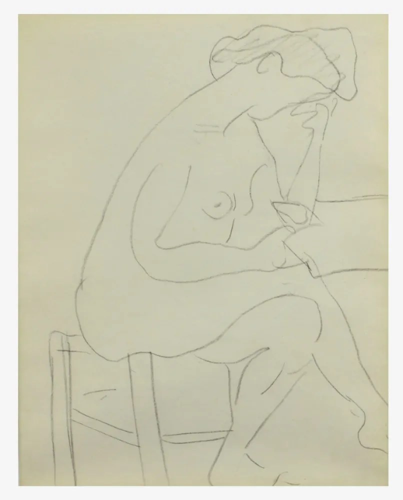 Sem Técnica Marquet - Modèle nu au tabouret à sa lecture, Dessin