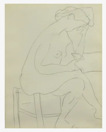 Sem Técnica Marquet - Modèle nu au tabouret à sa lecture, Dessin