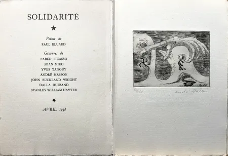 Água-Forte Masson - Paul Eluard. SOLIDARITÉ (avec Miró, Picasso, Tanguy, Masson, Hayter, Husband et Buckland Wright) GLM 1938