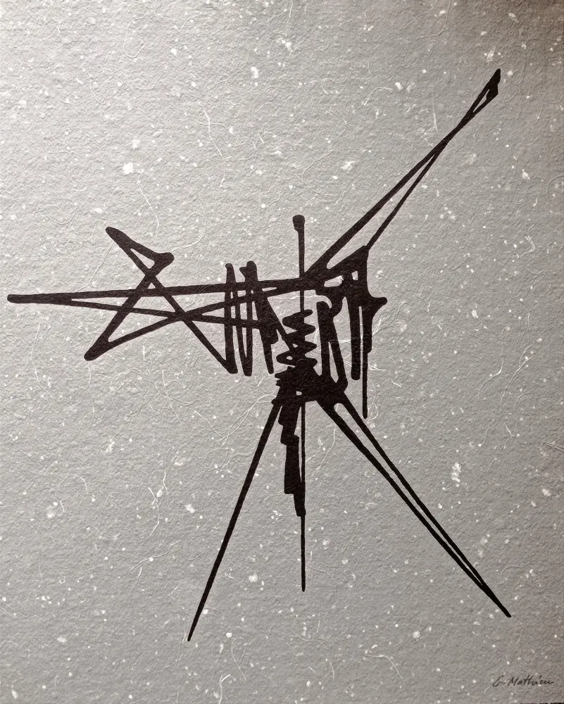 Sem Técnica Mathieu - Abstract Composition, Beautiful Hand signed lithograph, black abstraction on grey background , Hand signed!