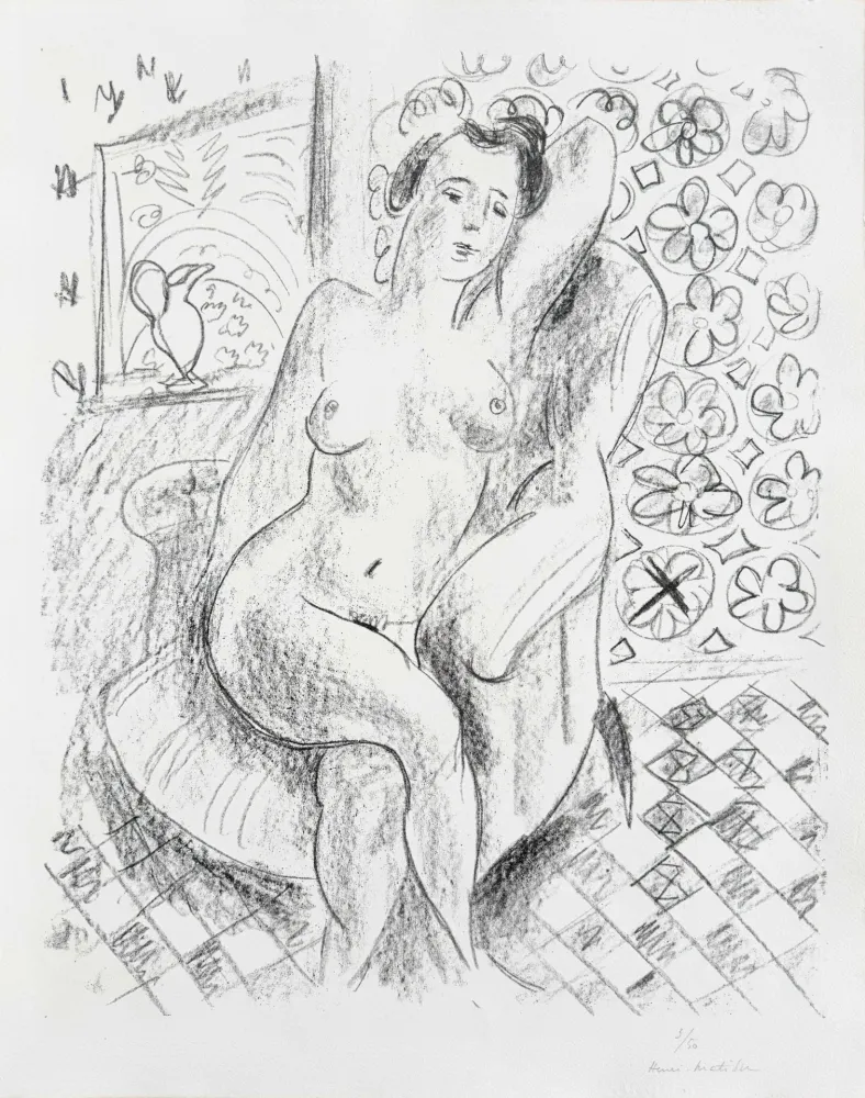 Litografia Matisse - Nu au fauteuil sur fond moucharabieh (Nude in an Armchair, with a Mashrabiya Background)